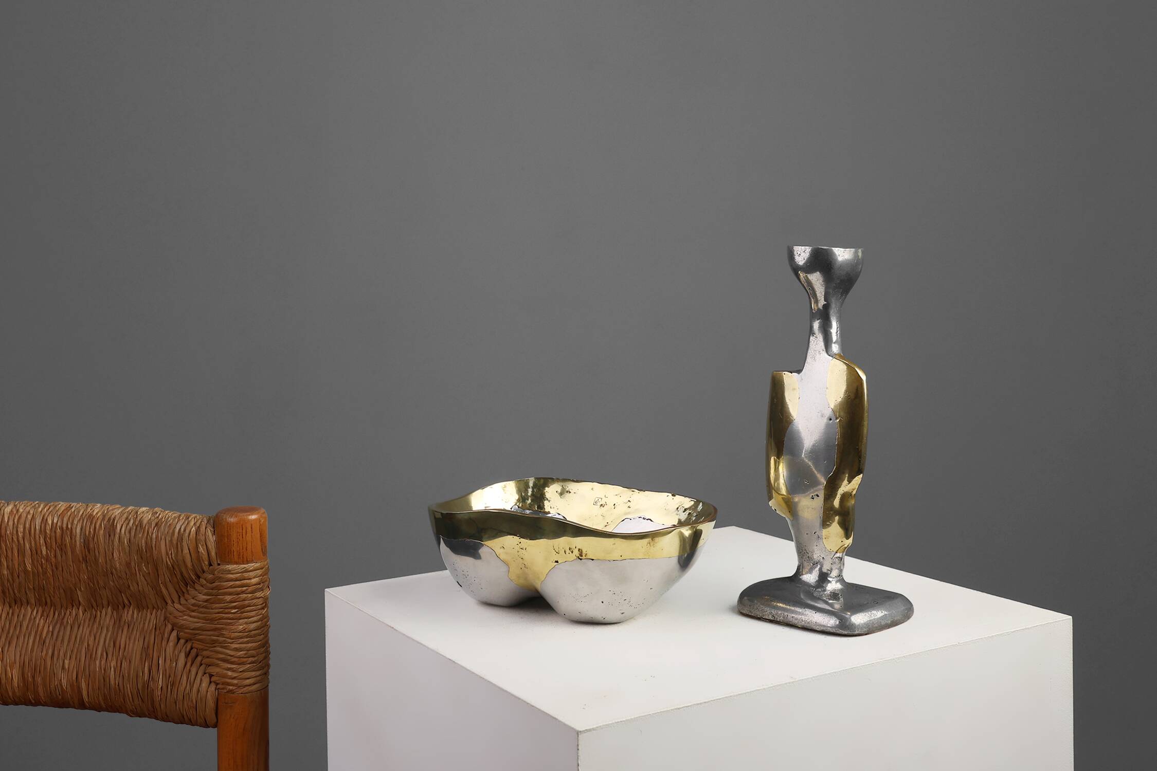 Candleholder and Bowl by David Marshall in Aluminum and Brass, UK 1970s