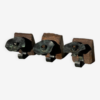 Set of wrought iron and wood wall candle holders