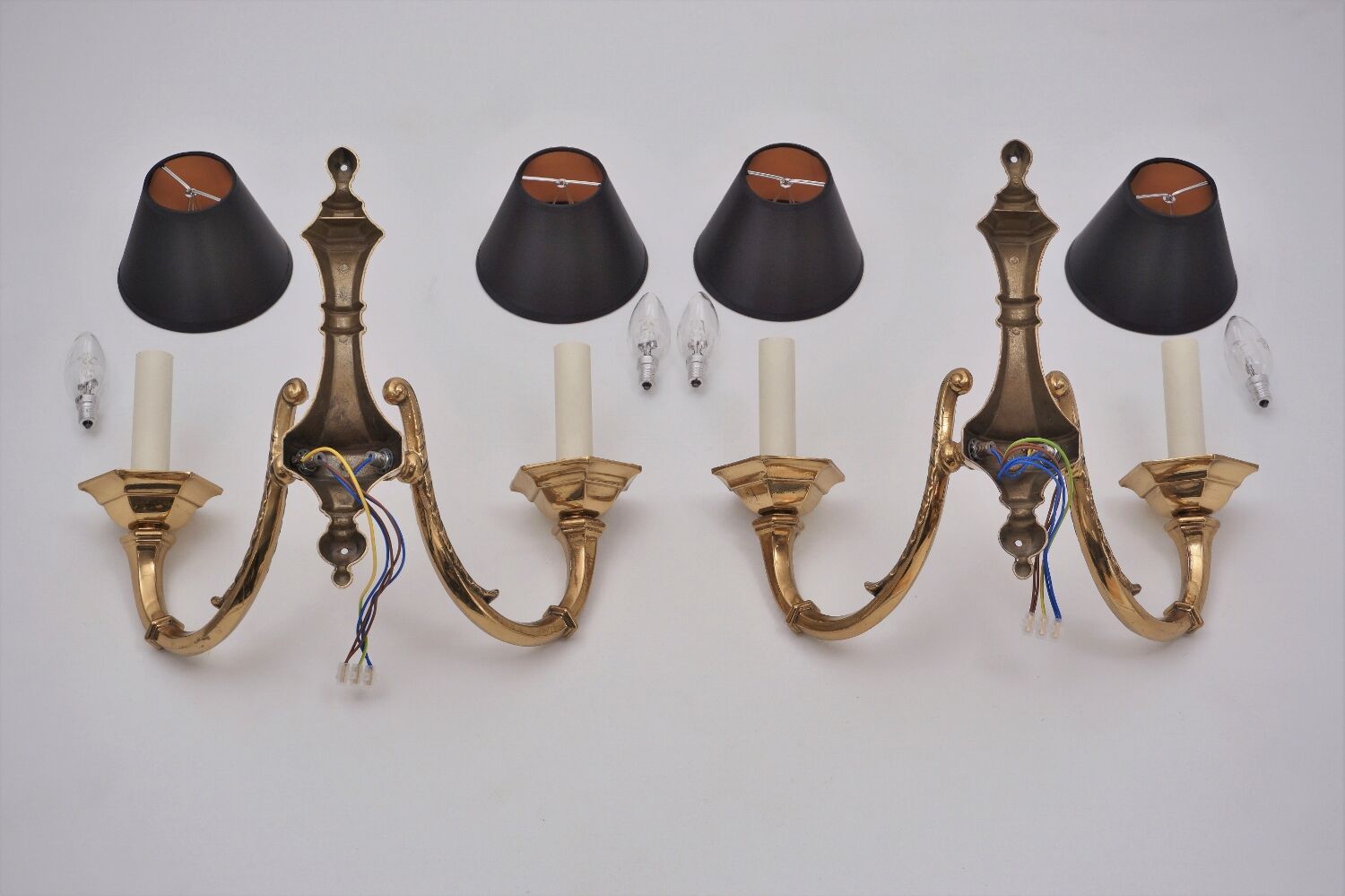 Pair brass wall lights sconces, twin arm, Neoclassical, 1950`s ca, English