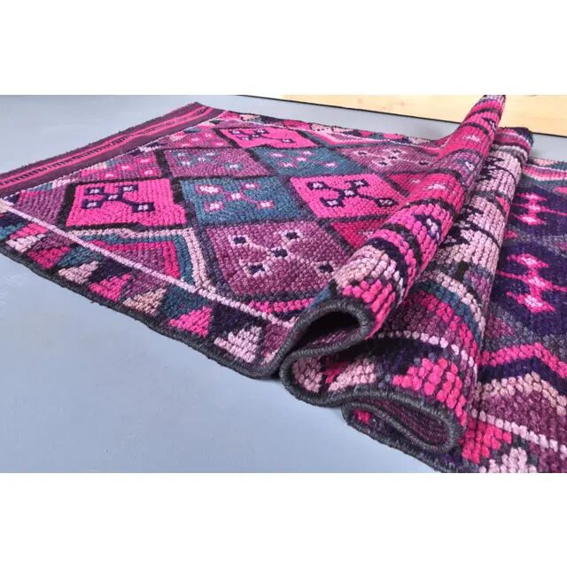 Vintage Hot Pink Turkish Hand-Knotted Runner 81x390