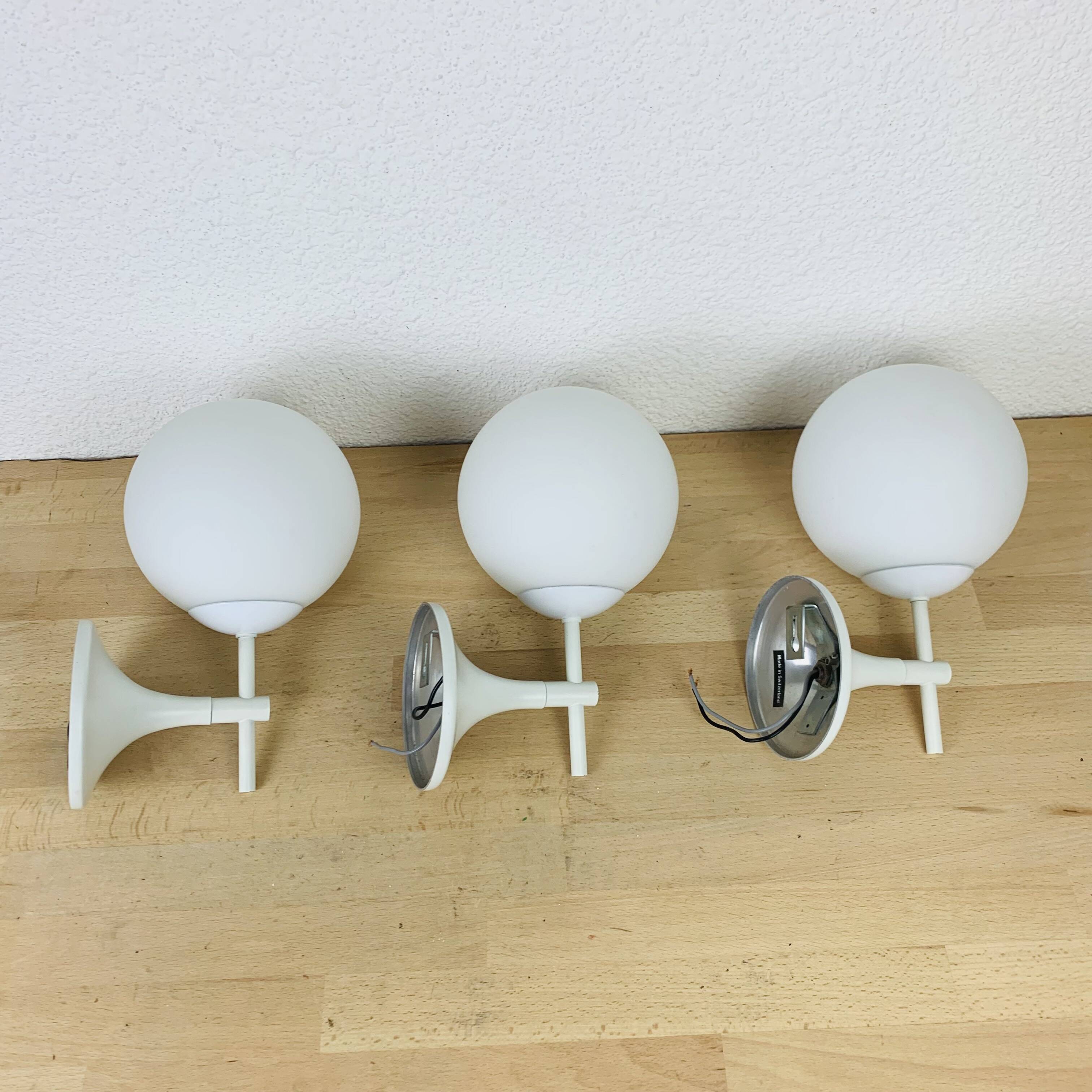 3 Max Bill wall lights for Temde in opaline, 1970s