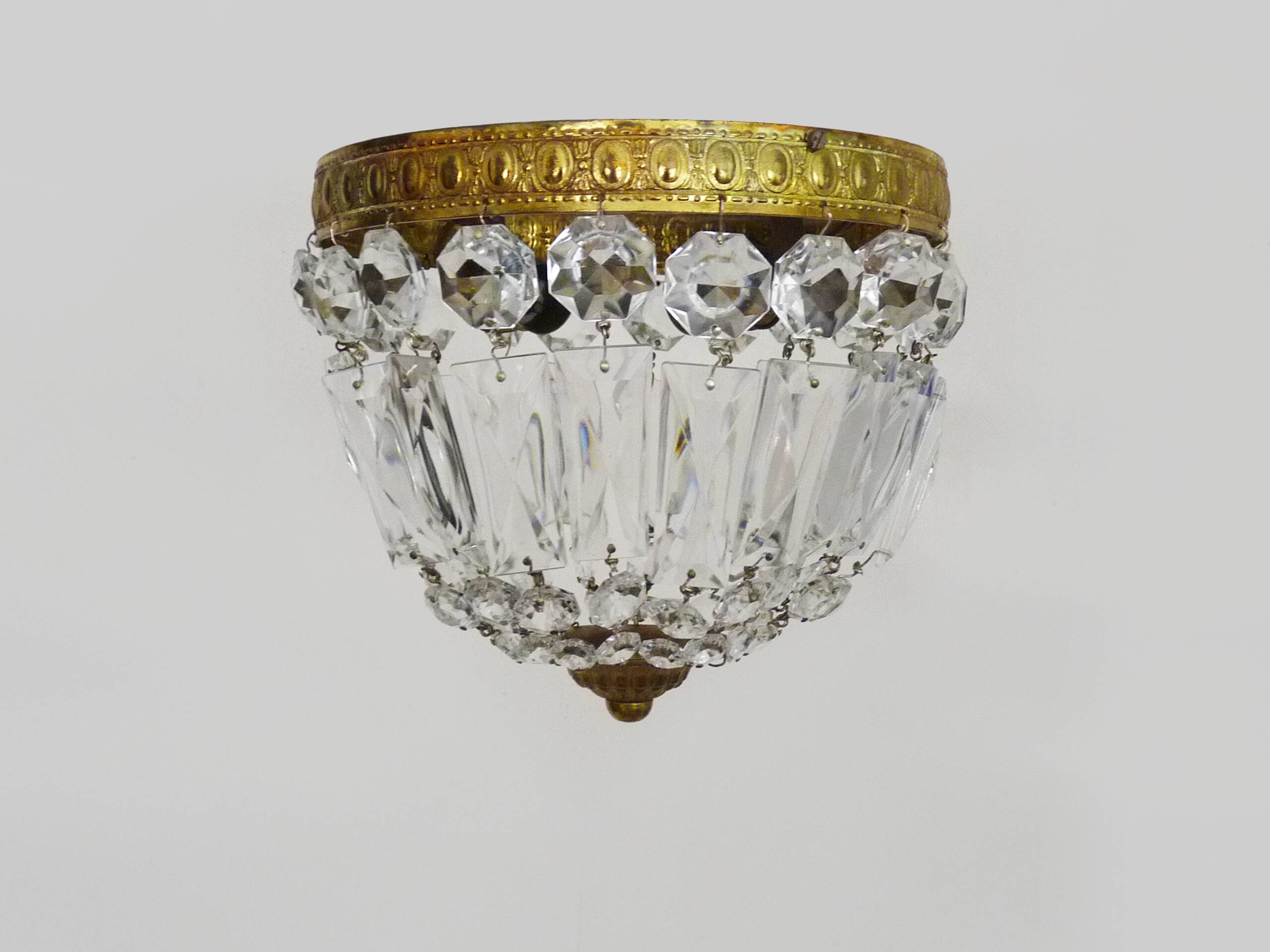 Old crown ceiling light with 2 bulbs, half basket with glass pendants.