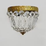 Old crown ceiling light with 2 bulbs, half basket with glass pendants.