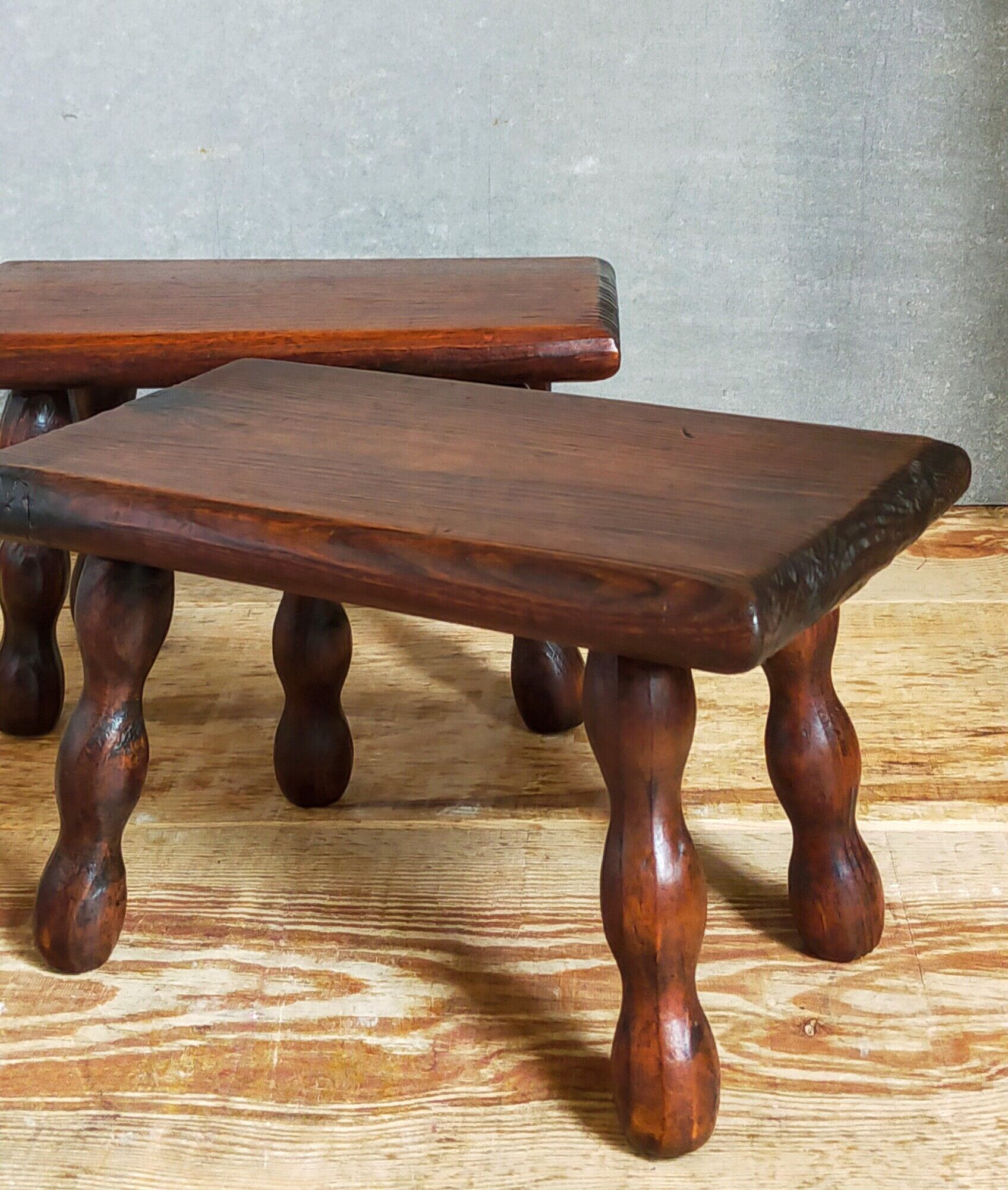 Pair of vintage solid turned wood footstools