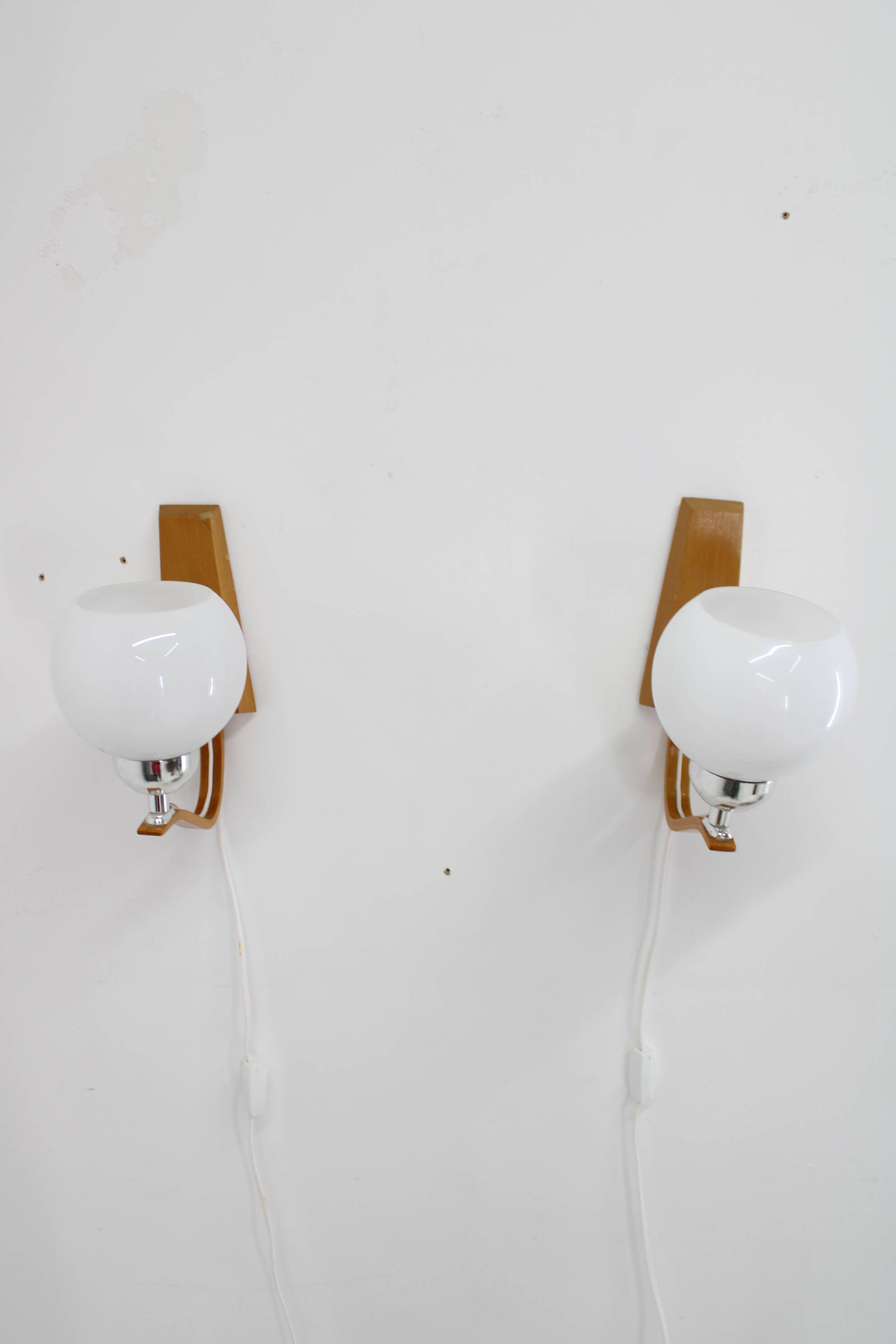 1960s Pair of Wooden Wall Lamps with Glass Shades by Drevo Humpolec, Czechoslovakia