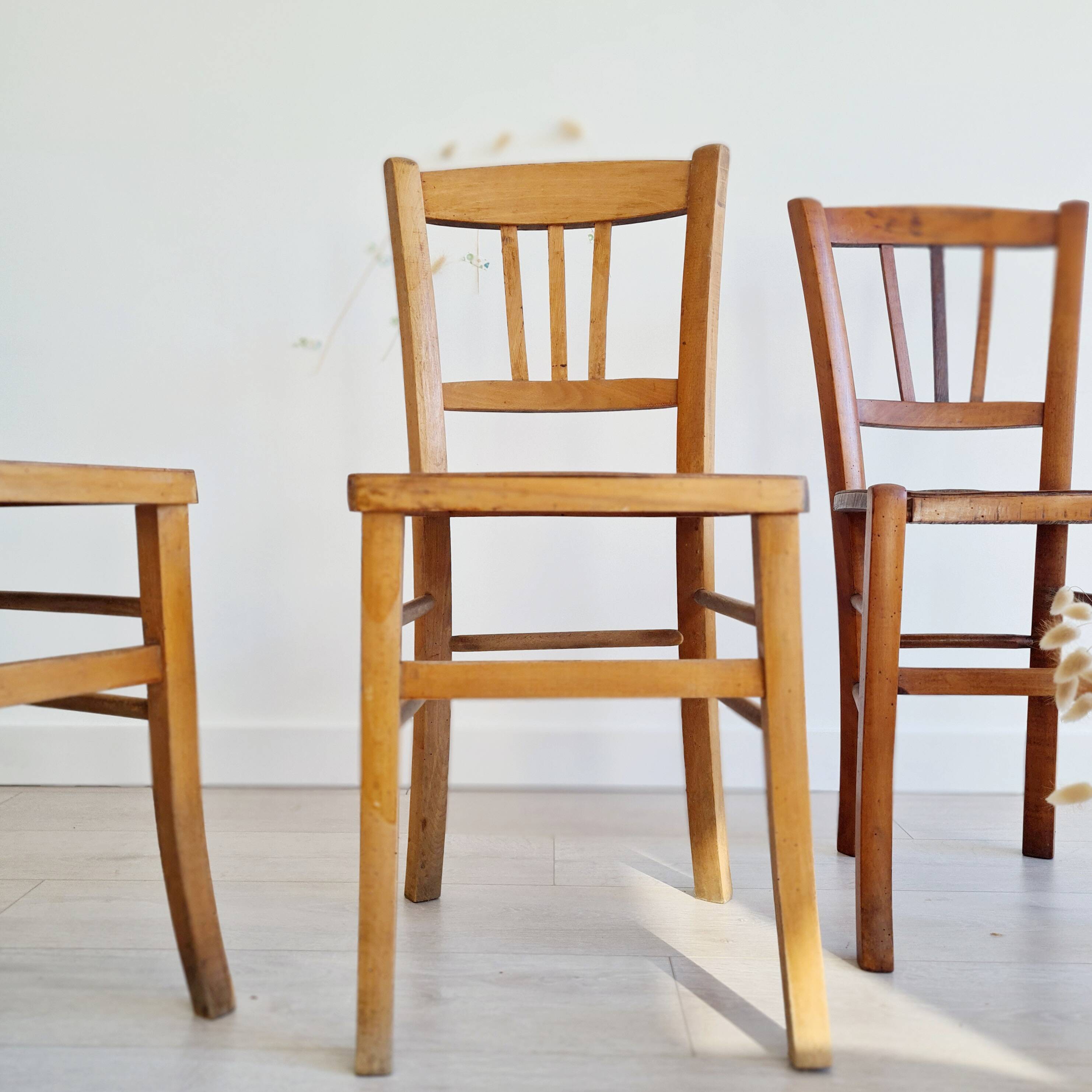 3 old wooden bistro chairs