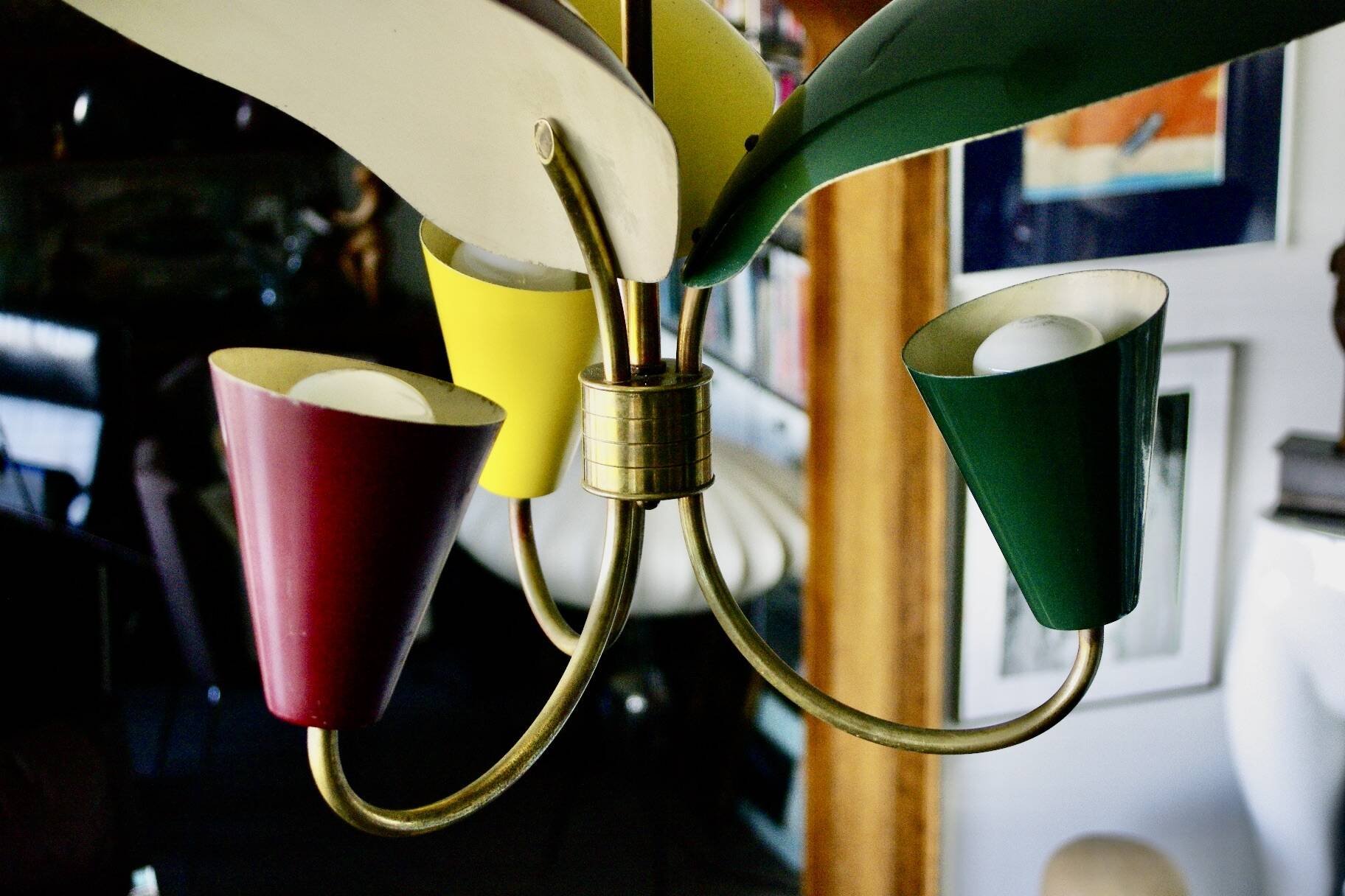 Vintage tri-color chandelier in lacquered steel and brass