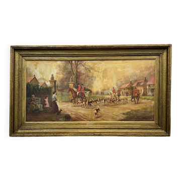 Oil on canvas depicting a return from the hunt and signed Marzio Cherubini.