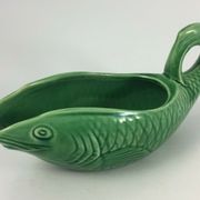 Part of service a fish Sarreguemines 22 pieces in faience green carp