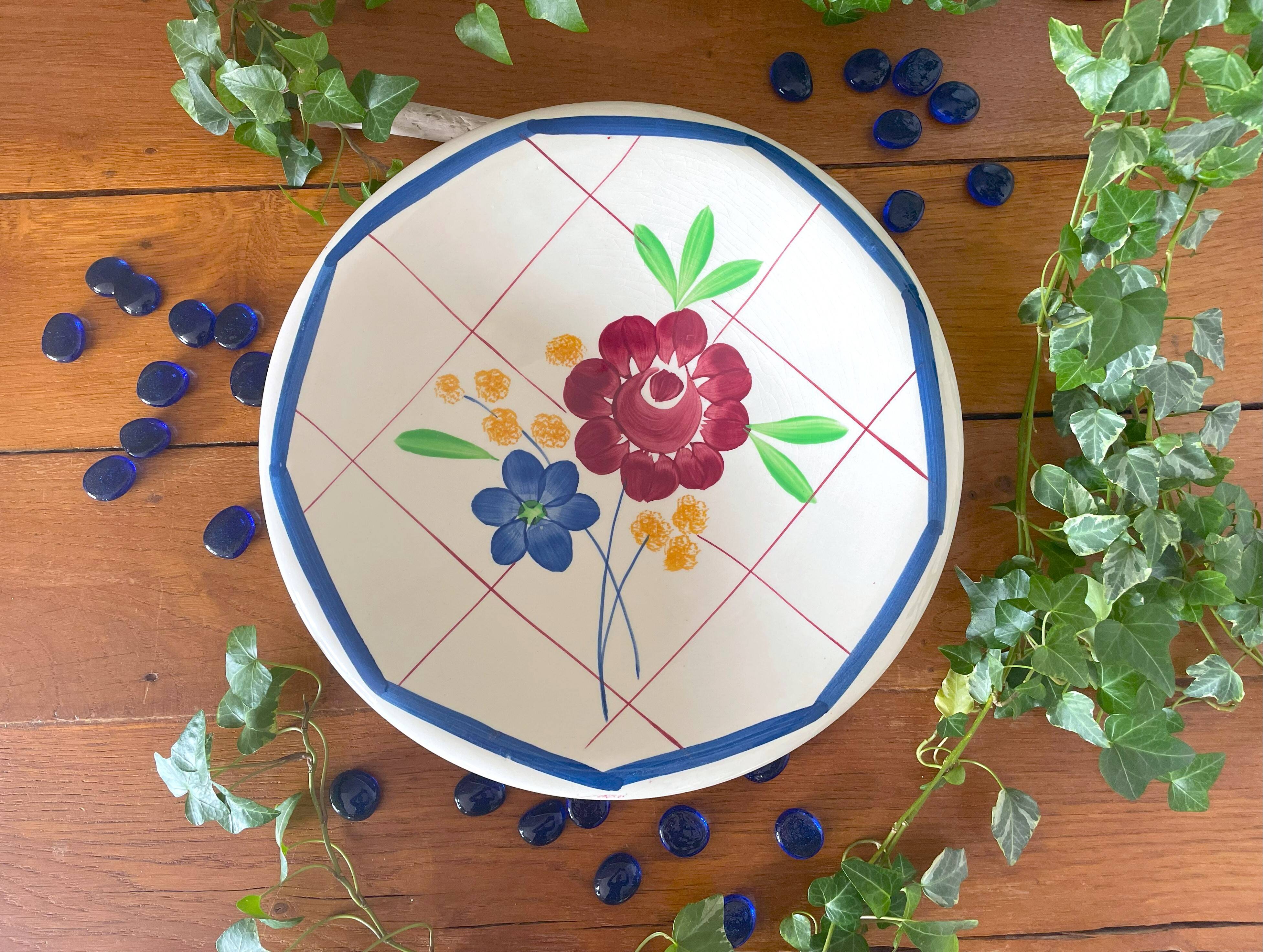 Large antique salad bowl on a Gien earthenware pedestal