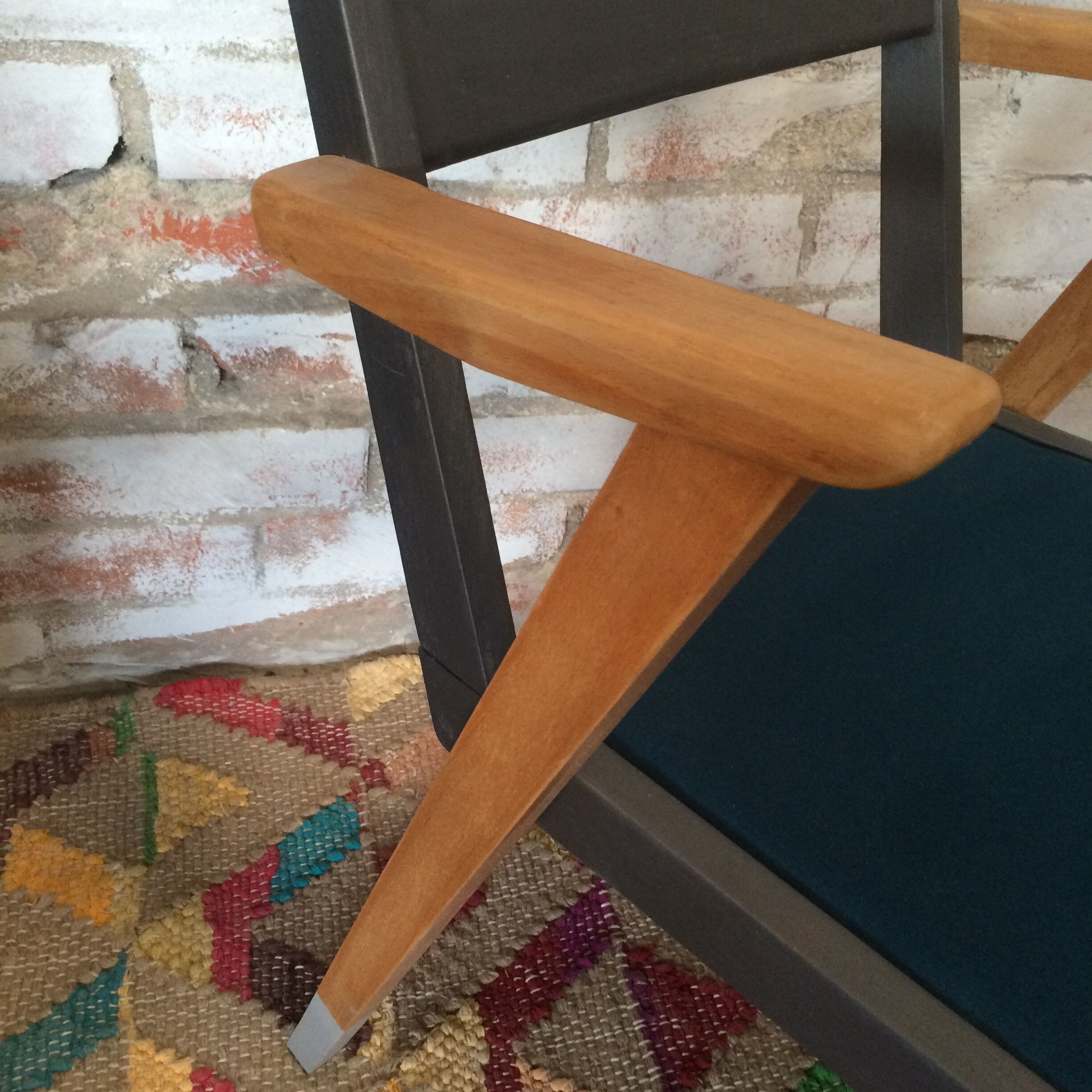 Fauteuil bridge scandinave vintage des années 50 bleu pétrole et gris