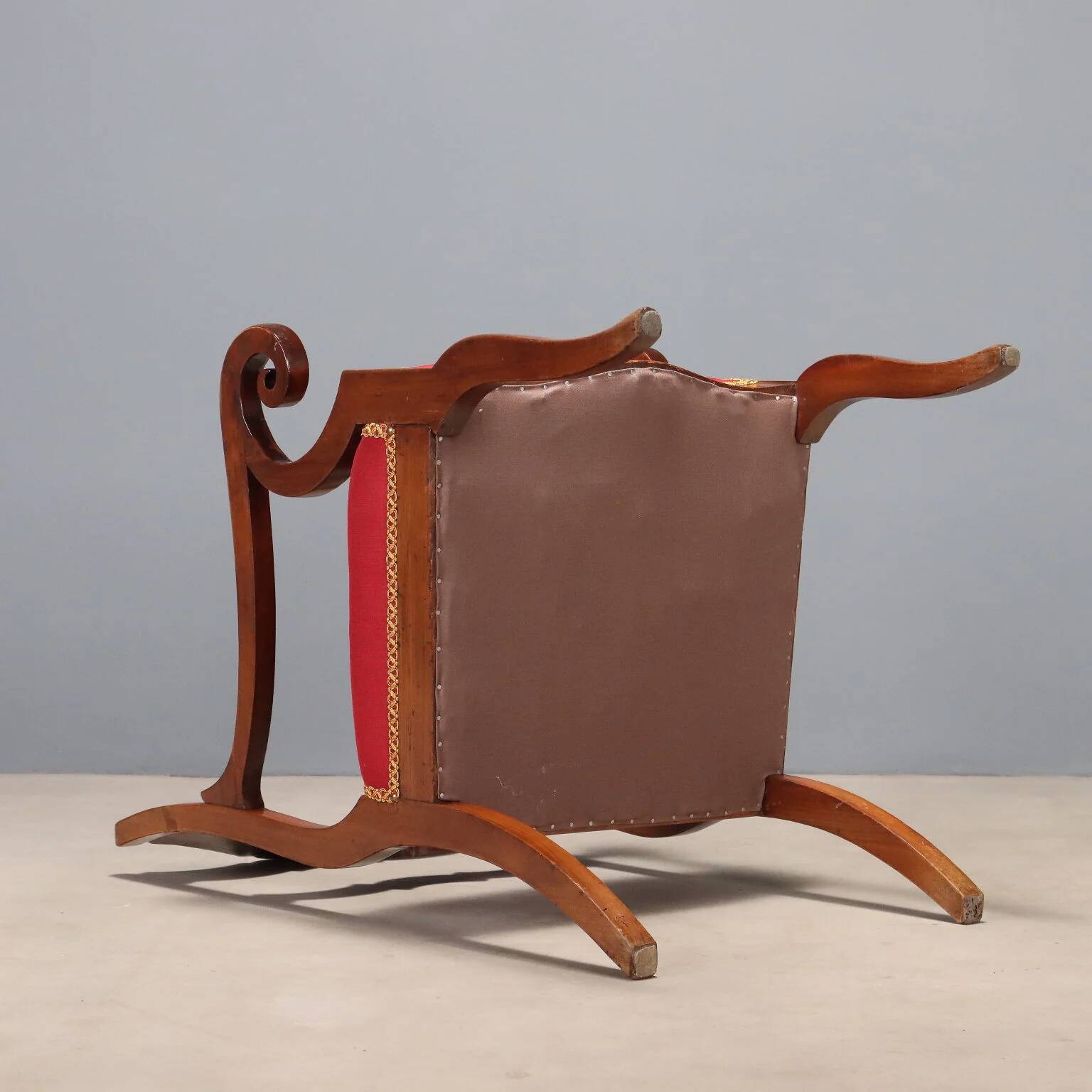Antique Restoration-style armchair in walnut, fabric, Italy, 19th century.