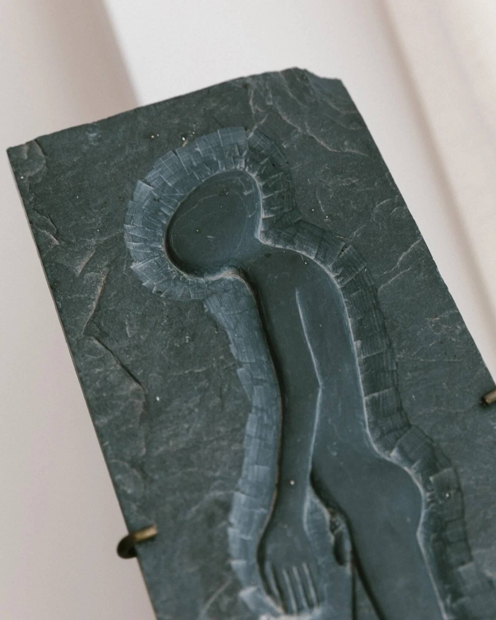 Charcoal Slate Art Panel with Alien Figure – Vintage Italian 1970s Brutalist Futurism, Handmade Stone Relief, Signed QB