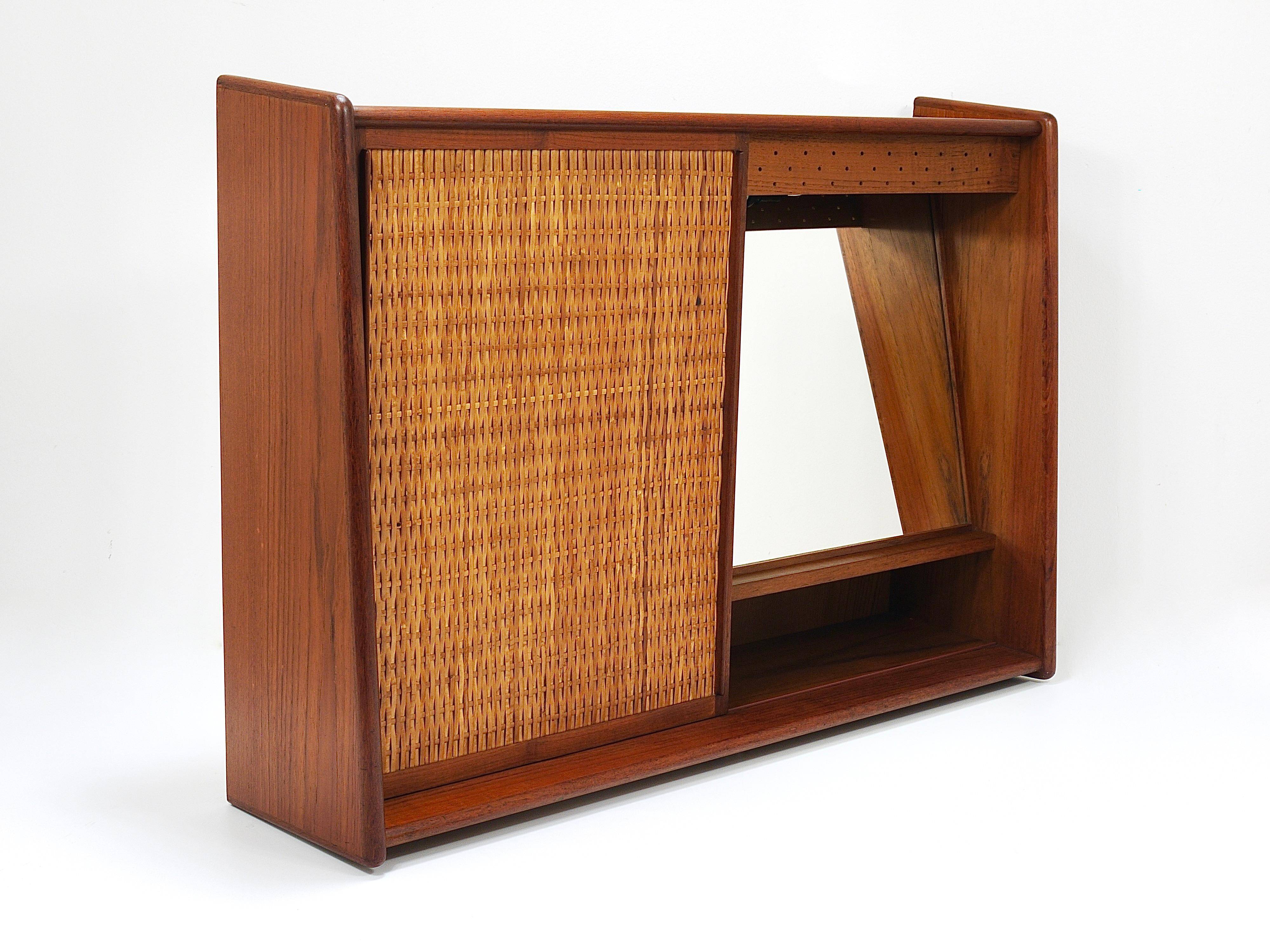 Arne Wahl Iversen Wall Mirror & Shelf Cabinet, Teak & Cane for Brenderup Denmark