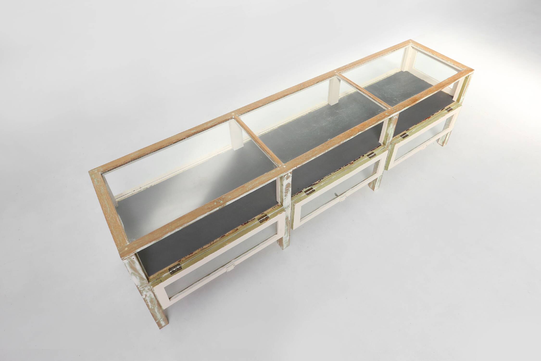 Beautiful patinated large rustic oak display case, France ca. 1900