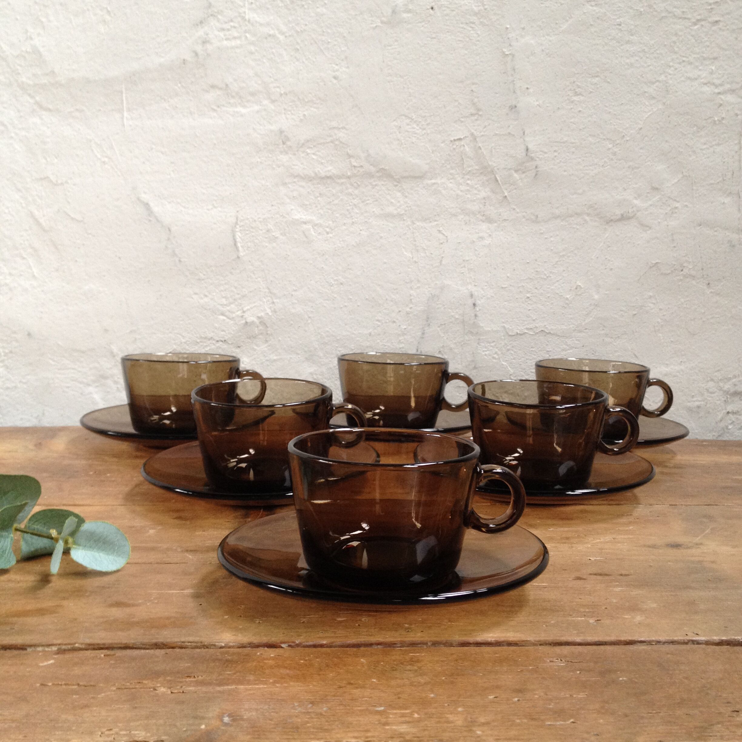 Six smoked glass coffee cups