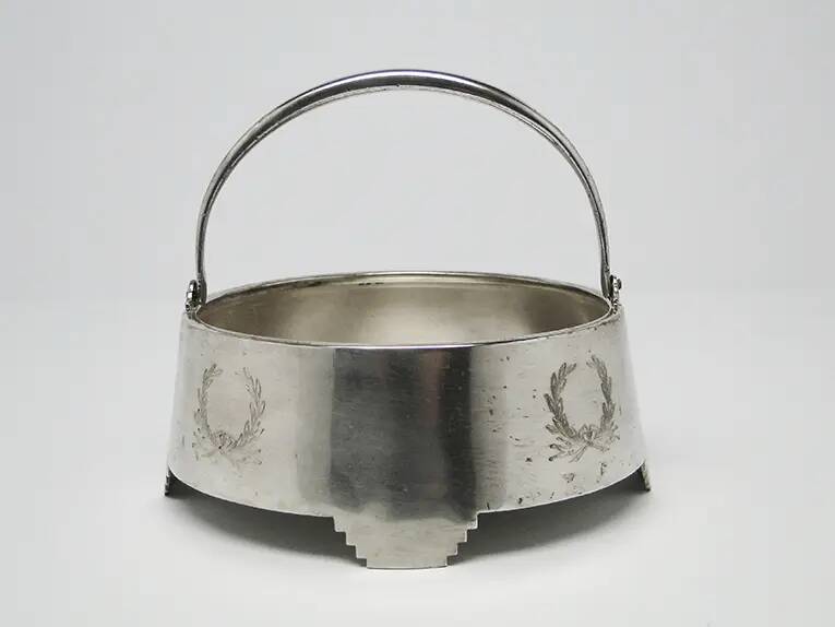 Neoclassical basket sugar bowl, silver-plated brass, Fraget, Poland, early 20th century