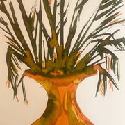 Tableau signé, nature morte « jarre provençale ornée de plantes »