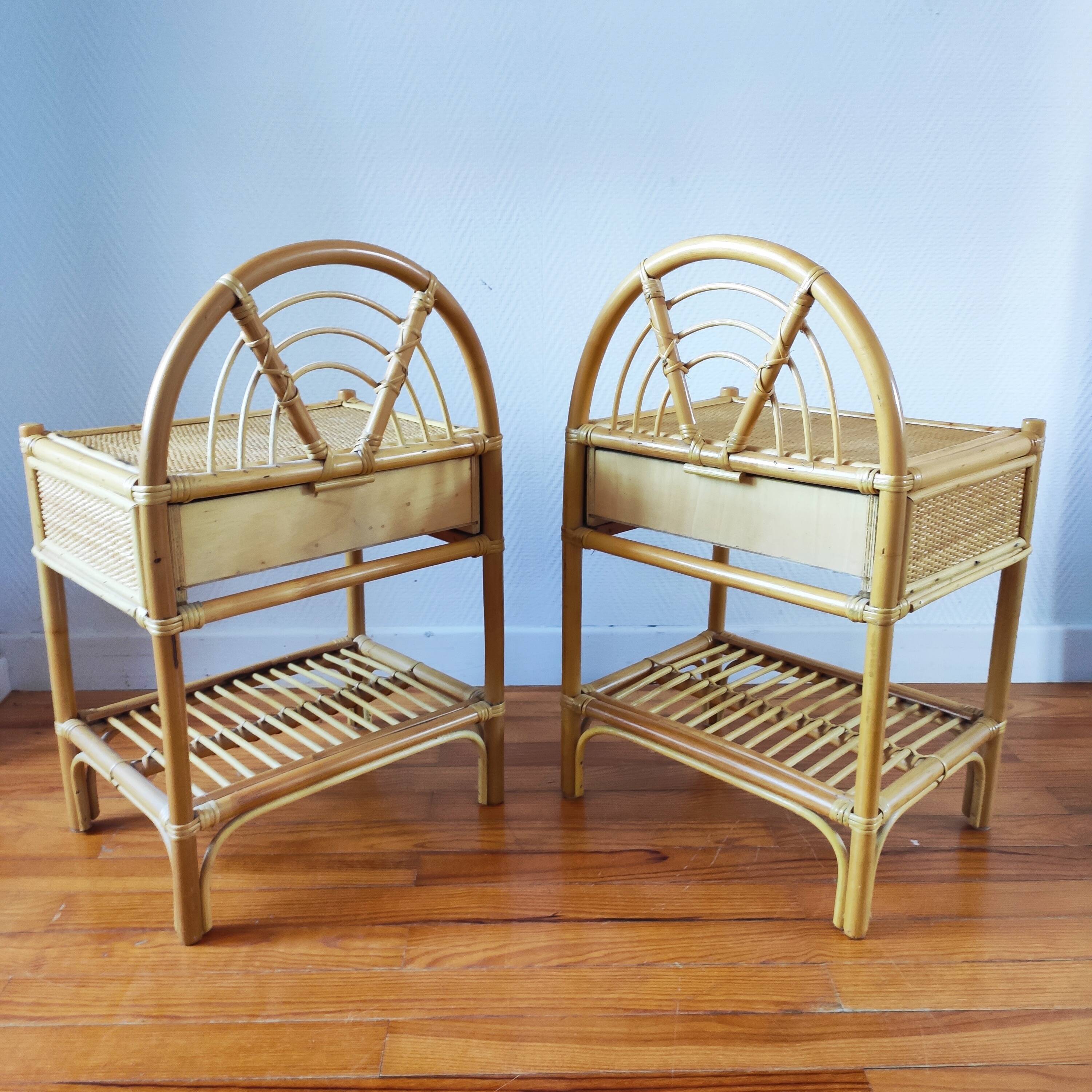 Pair of vintage bedside tables in light rattan