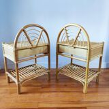 Paire de tables de chevets vintage en rotin clair