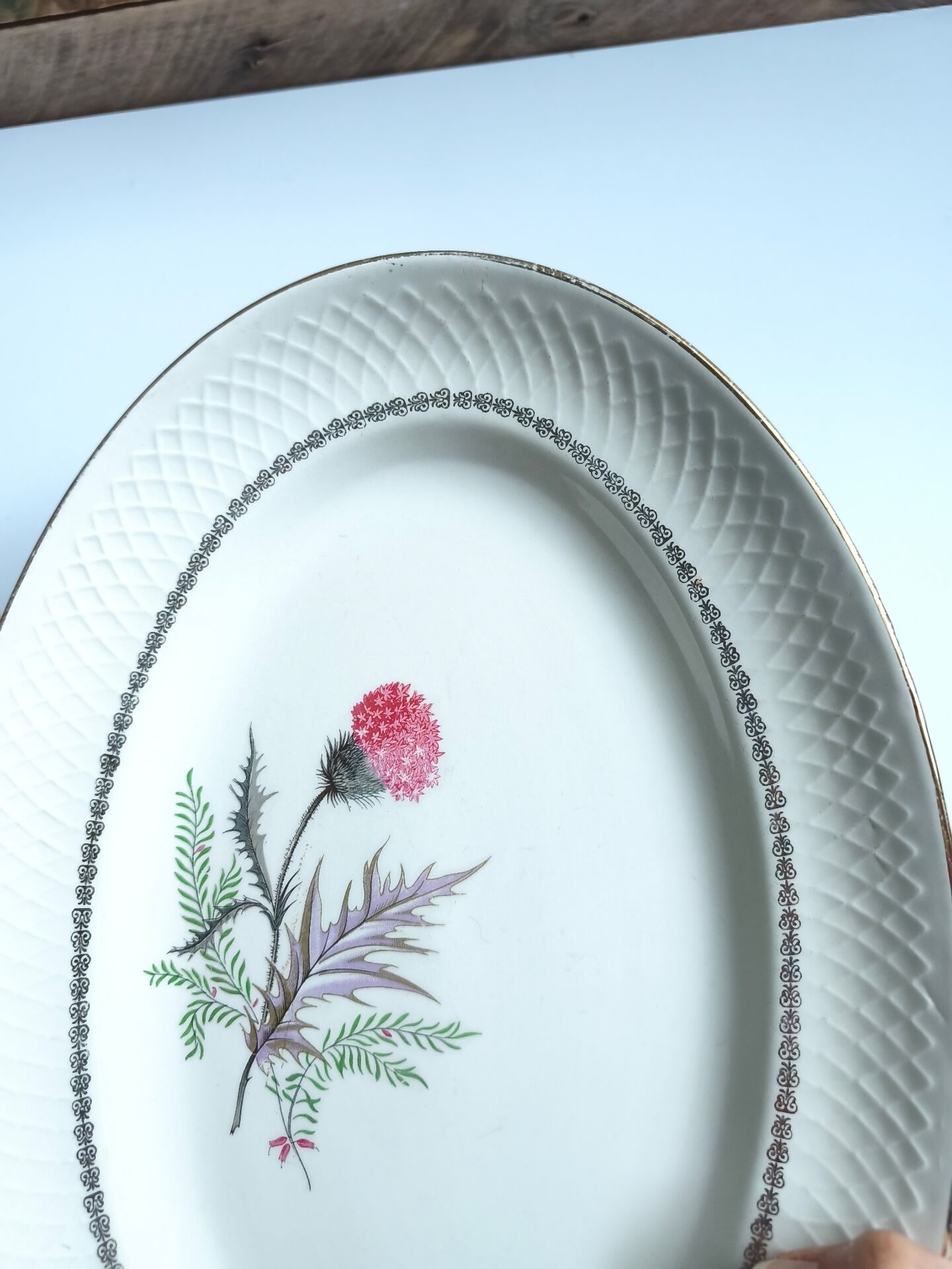 Vintage oval plate signed Moulin des Loups model Imperia pink flower