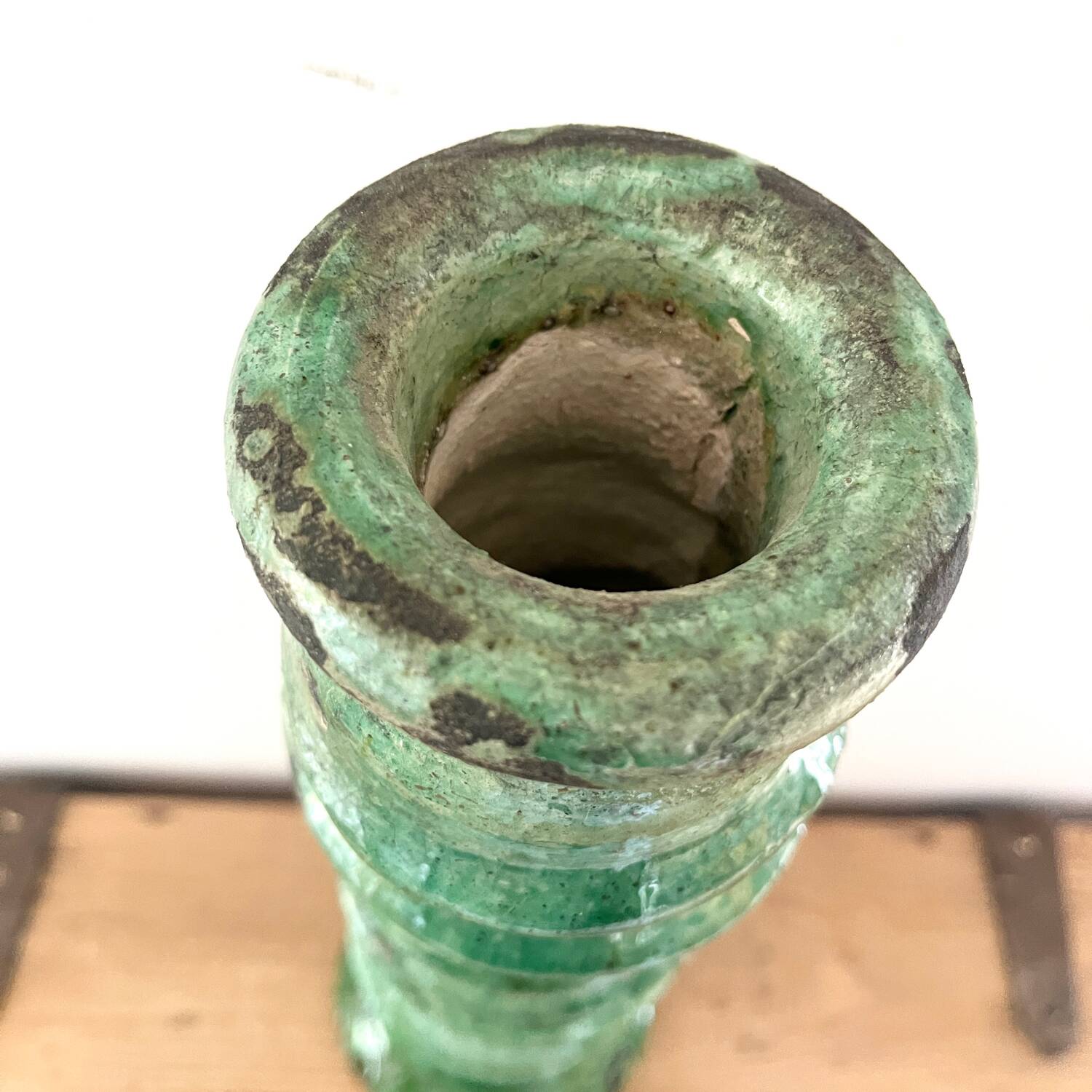Green enamelled terracotta candle holder 50 cm