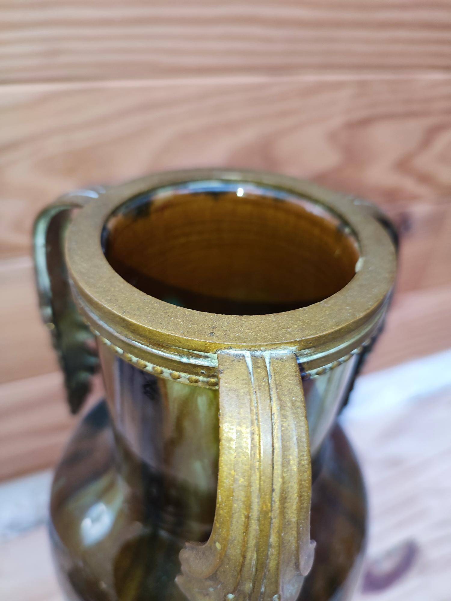 Ceramic vase with dripping in the style of jerome massier or belgian work with bronze handles