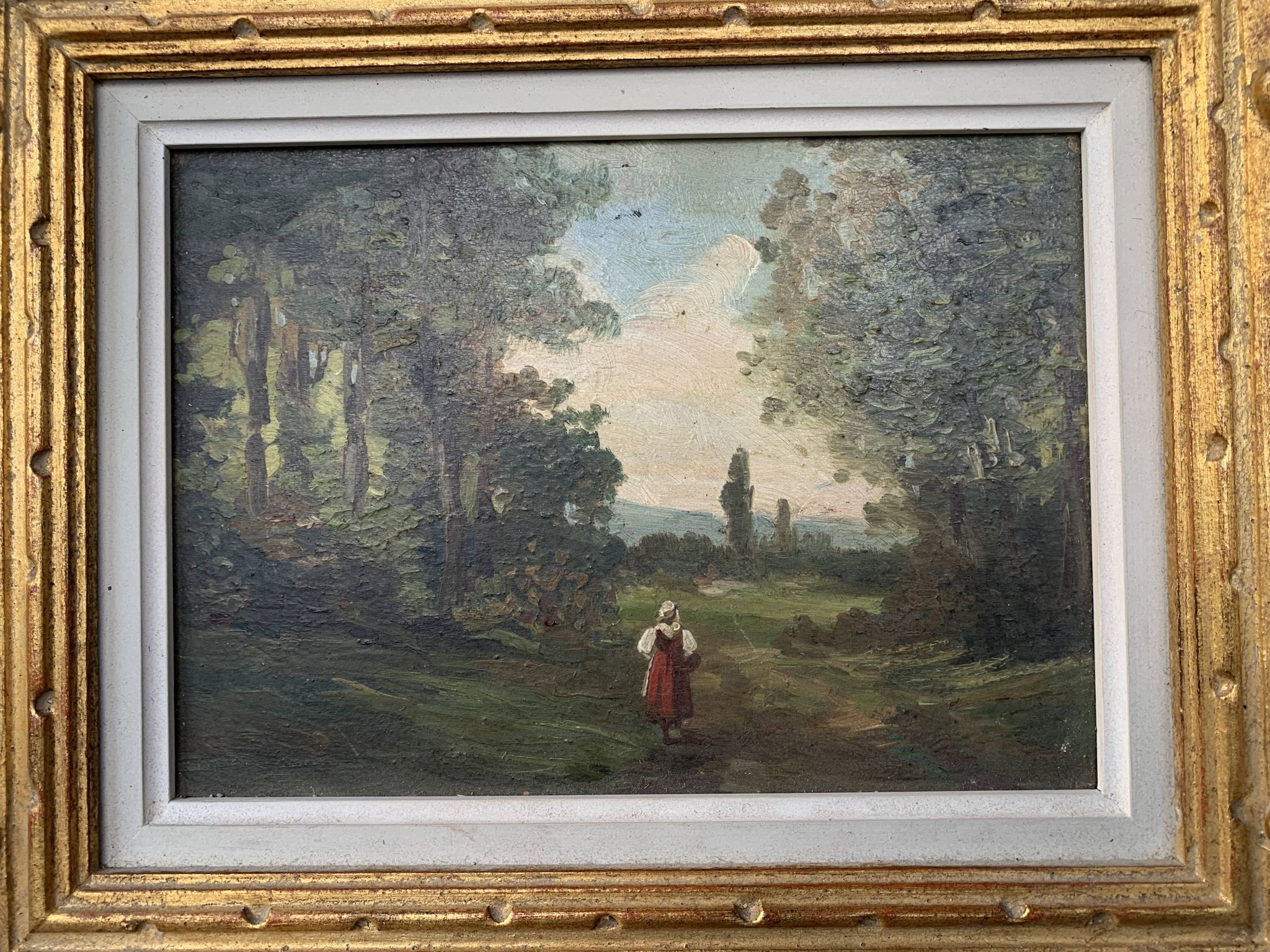 Painting French school 19th century oil on panel woman in undergrowth Old frame