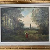 Tableau Ecole française XIXème huile sur panneau femme en sous bois Cadre ancien
