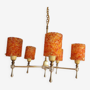 Pendant lamp with 5 tubes of lights in perspex granite orange vintage 60
