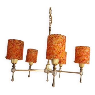 Suspension à 5 tubes de lumières en perspex granité orange vintage 60