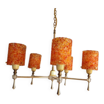 Pendant lamp with 5 tubes of lights in perspex granite orange vintage 60
