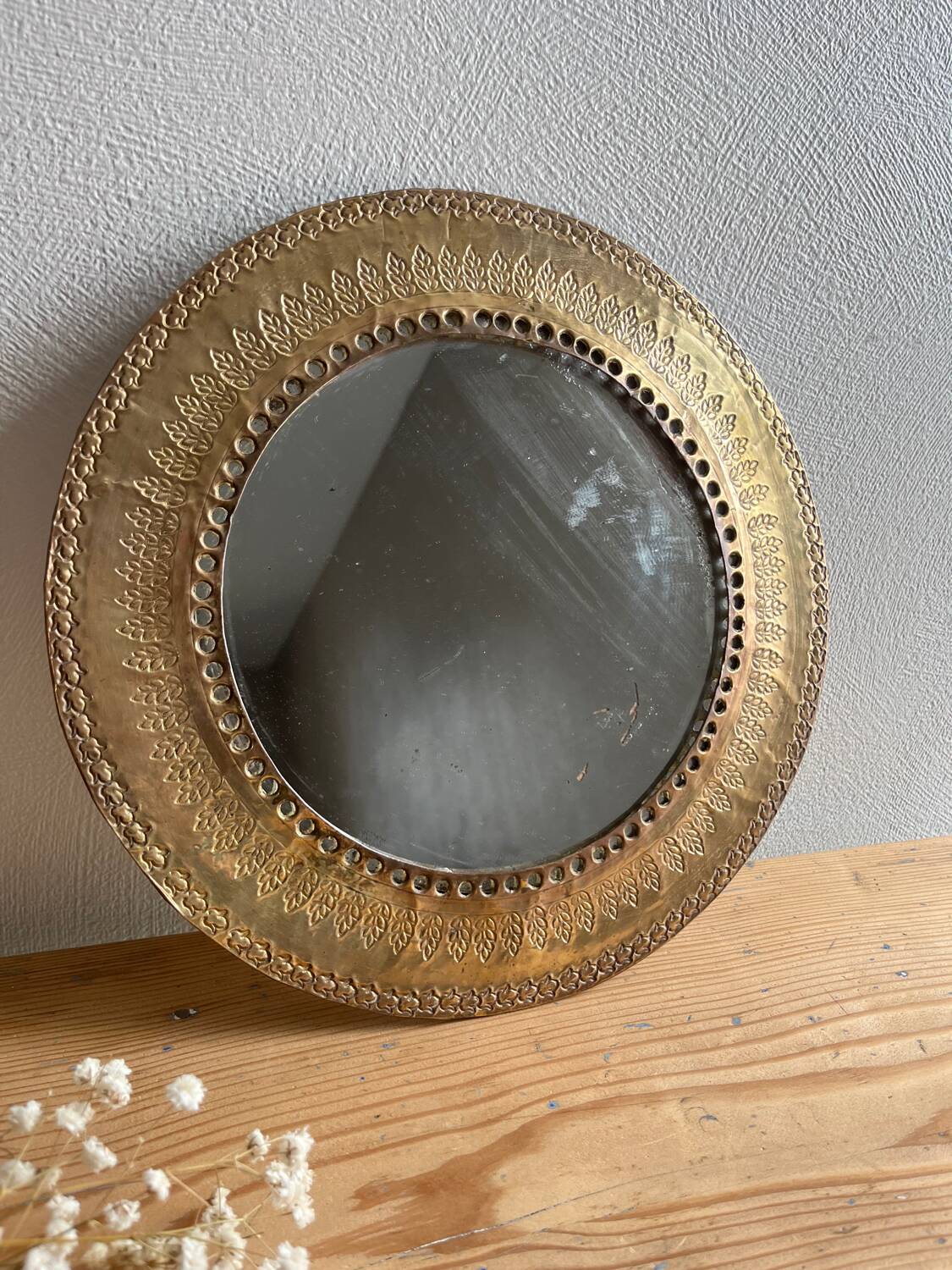 Round hammered brass mirror / vintage openwork