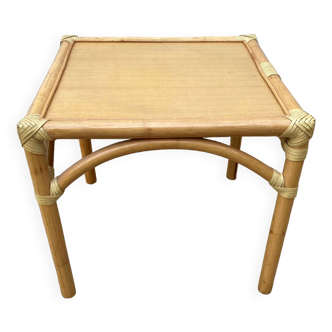 Rattan end table with 1 shelf in vintage oak veneer from the 80s Maugrion