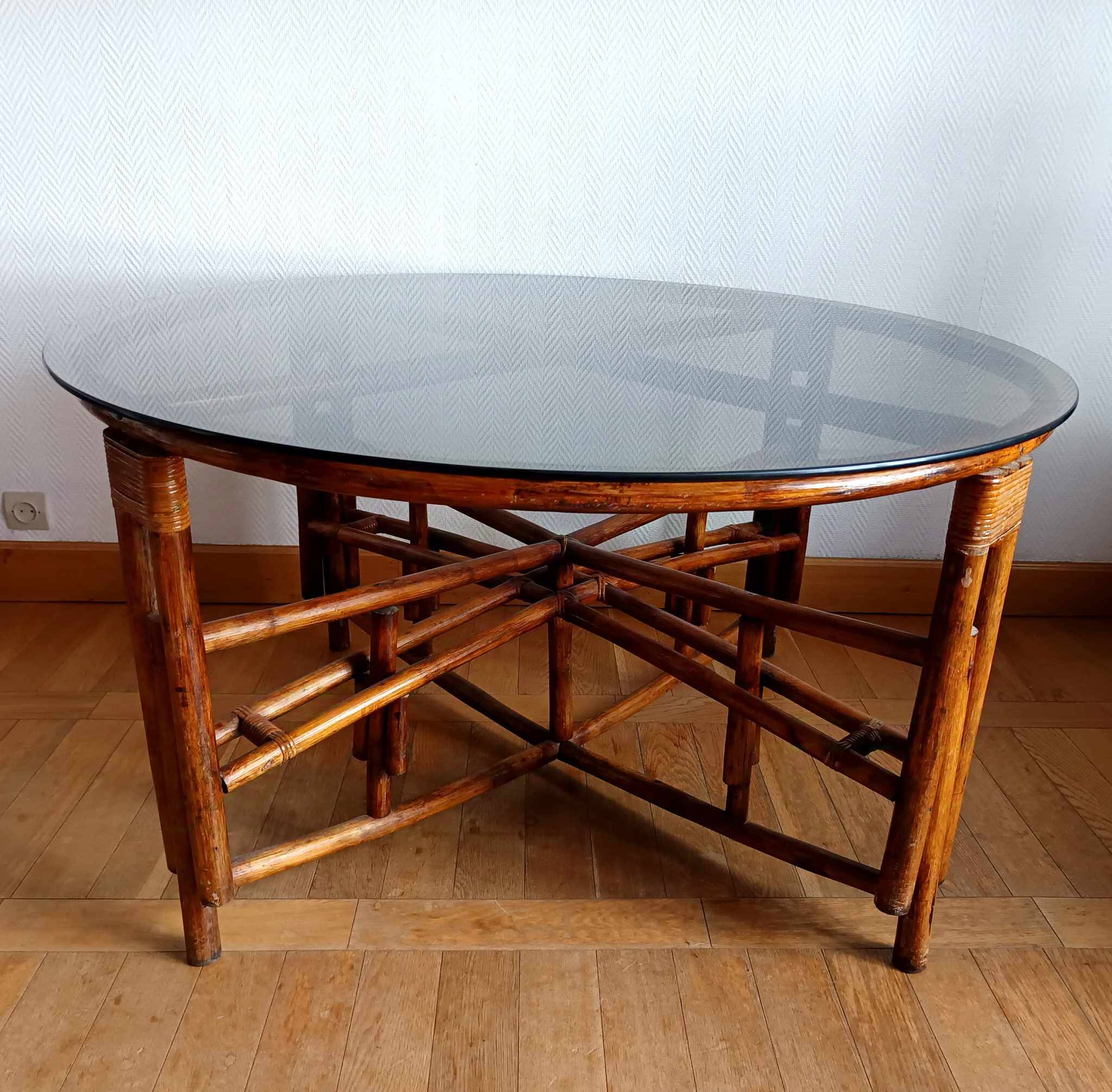 Large telescopic rattan table circa 1970