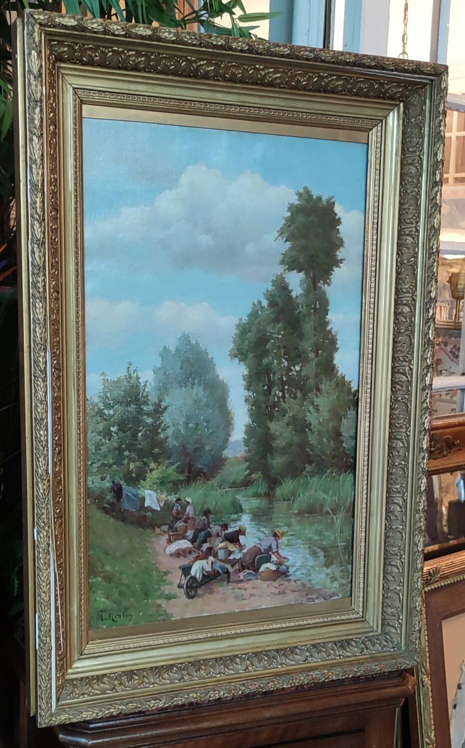 Old Canvas Oil Painting/Scene Of Life/The Washerwomen/Signed M.Merlin