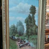 Old Canvas Oil Painting/Scene Of Life/The Washerwomen/Signed M.Merlin