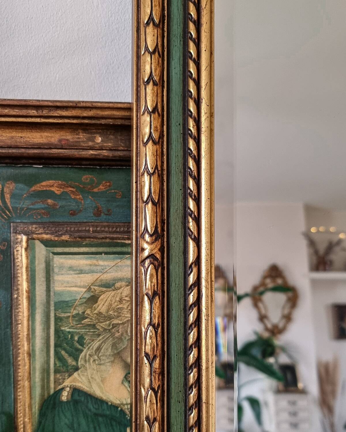 Gold and fir green beveled mirror, Louis XVI/Regency style, 1970