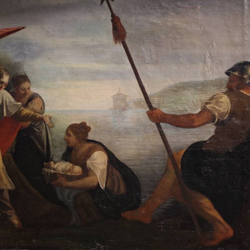 Antique Italian painting Moses saved from the waters from the 18th century
