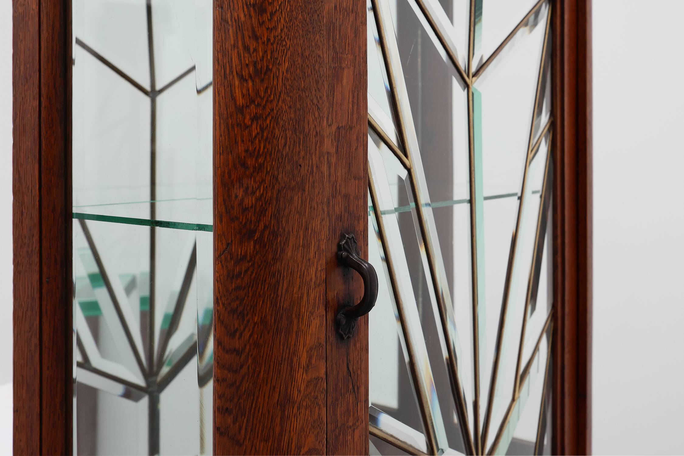French Art Deco Oak Cabinet with Beveled Leaded Glass, ca. 1920