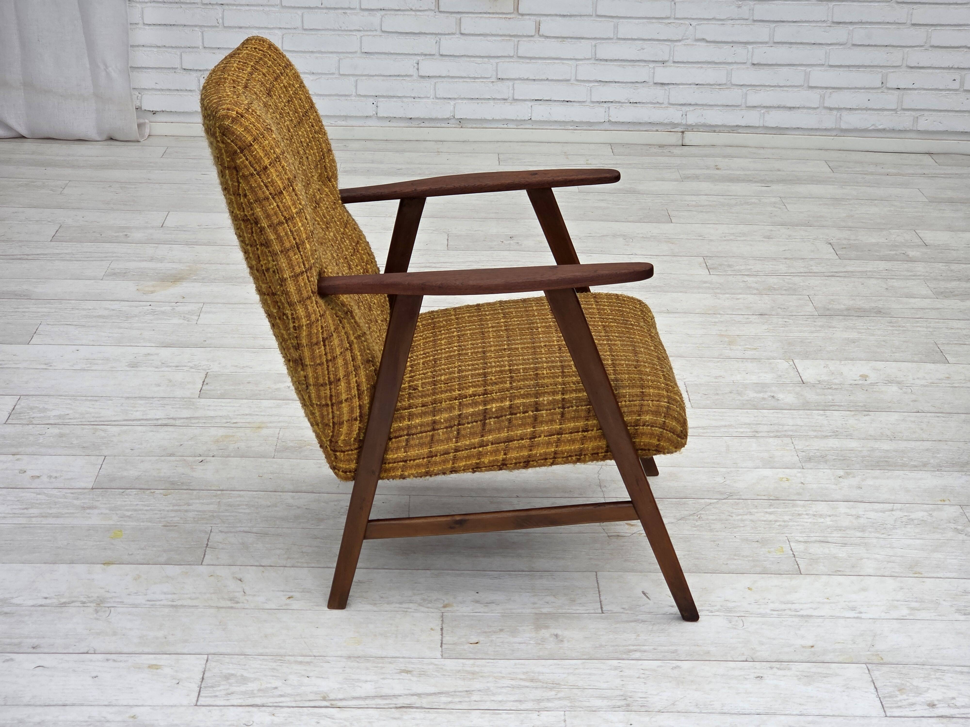 1960s, Danish armchair, furniture wool fabric, teak wood, oak wood.