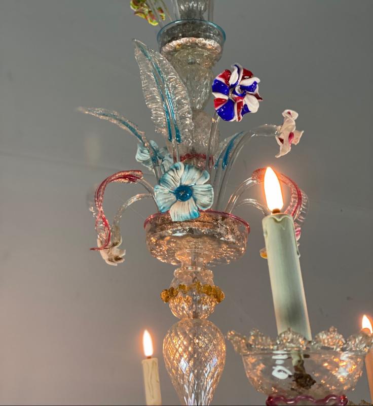 Rezzonico Lustre In Murano Colored Glass, 6 Arms of Light