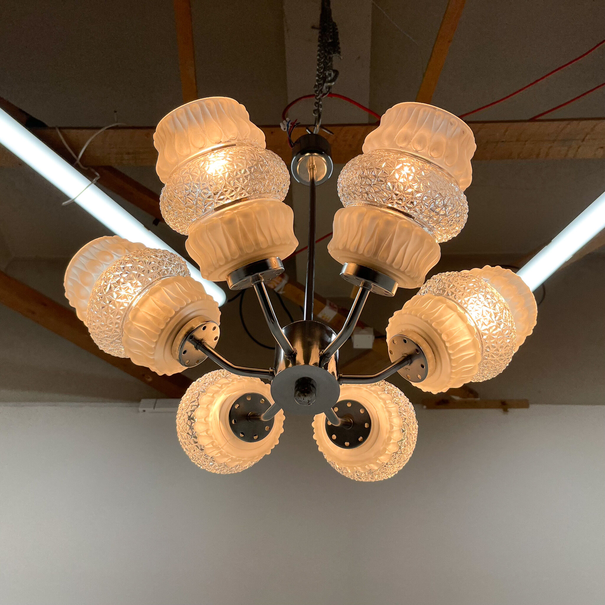 Mid-century glass & chrome chandelier, 1970's