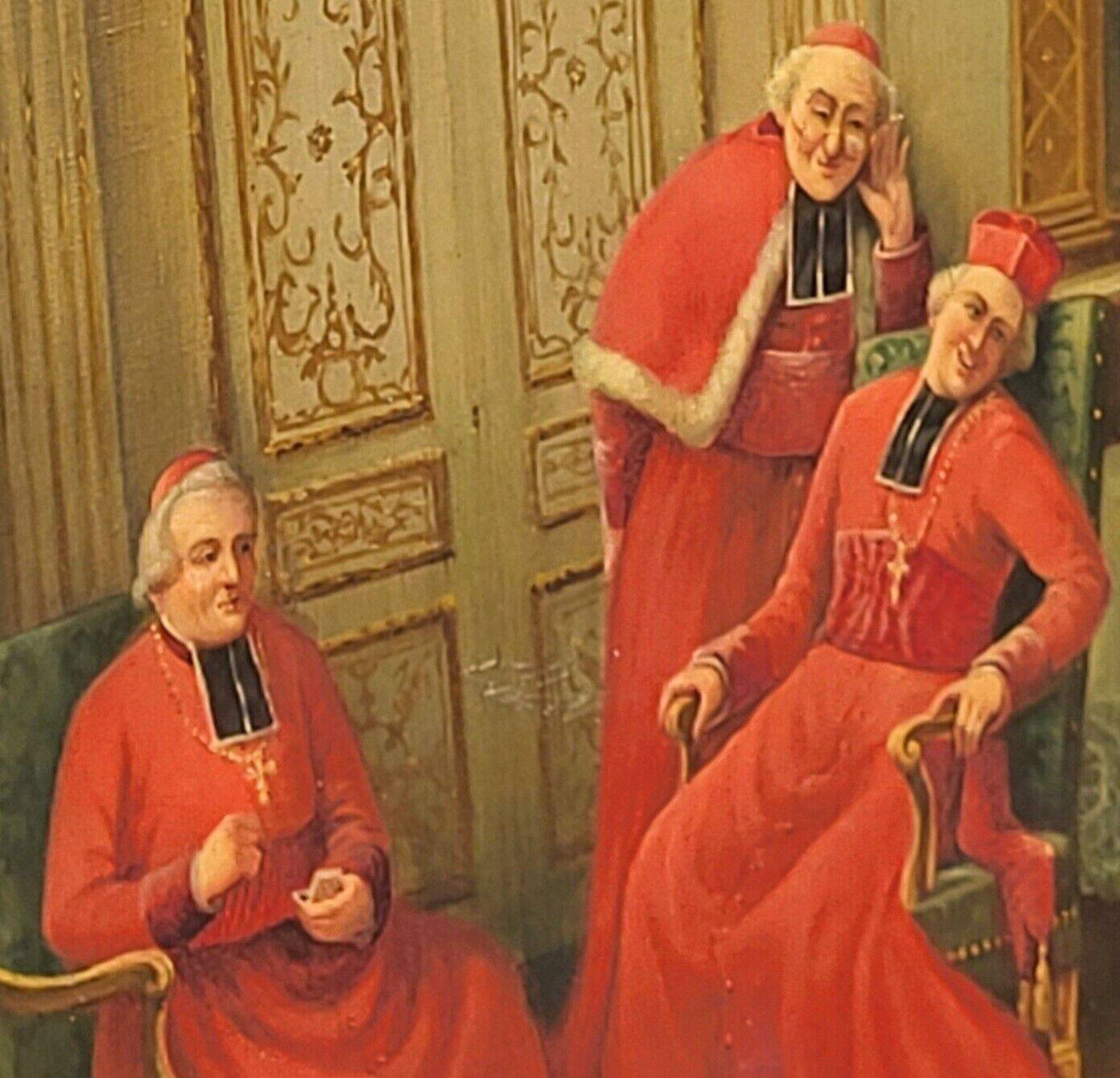 Signed Antique French Oil Painting – Cardinals in Luxurious Setting, 19th C