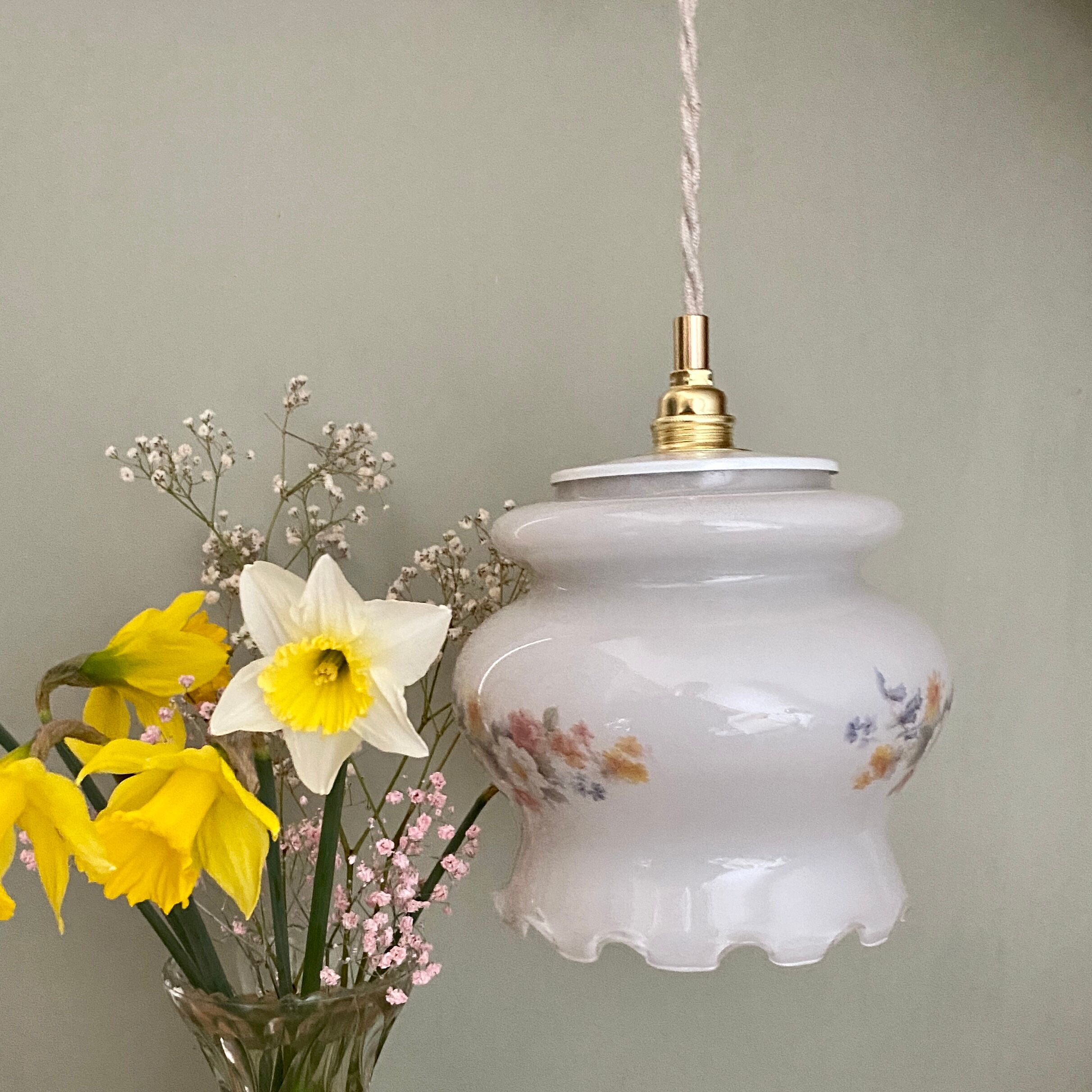 Vintage white opaline globe walker with flower designs