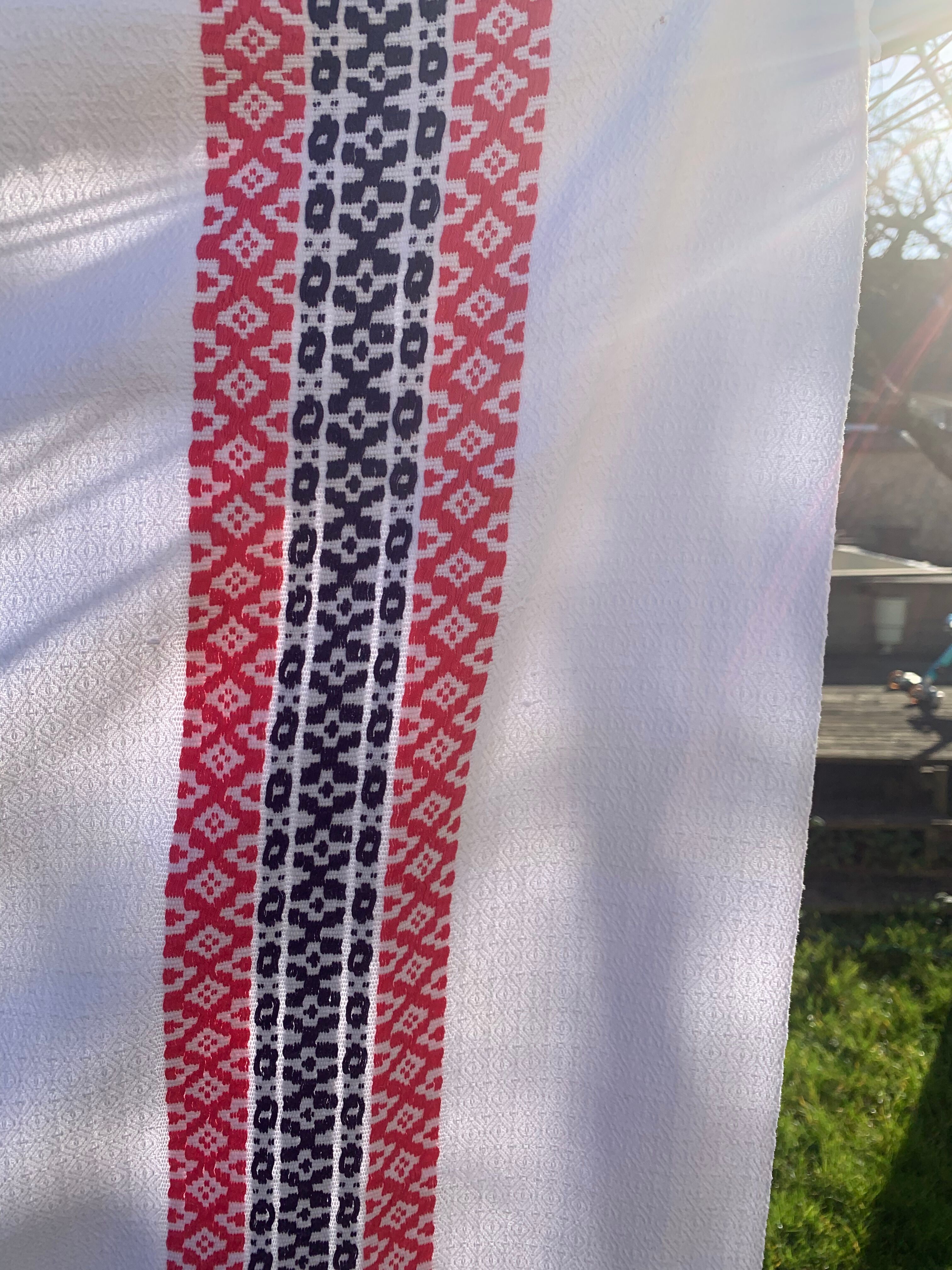 Rectangular tablecloth, Basque linen, original, pink and indigo blue frieze pattern on white cotton