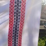 Rectangular tablecloth, Basque linen, original, pink and indigo blue frieze pattern on white cotton