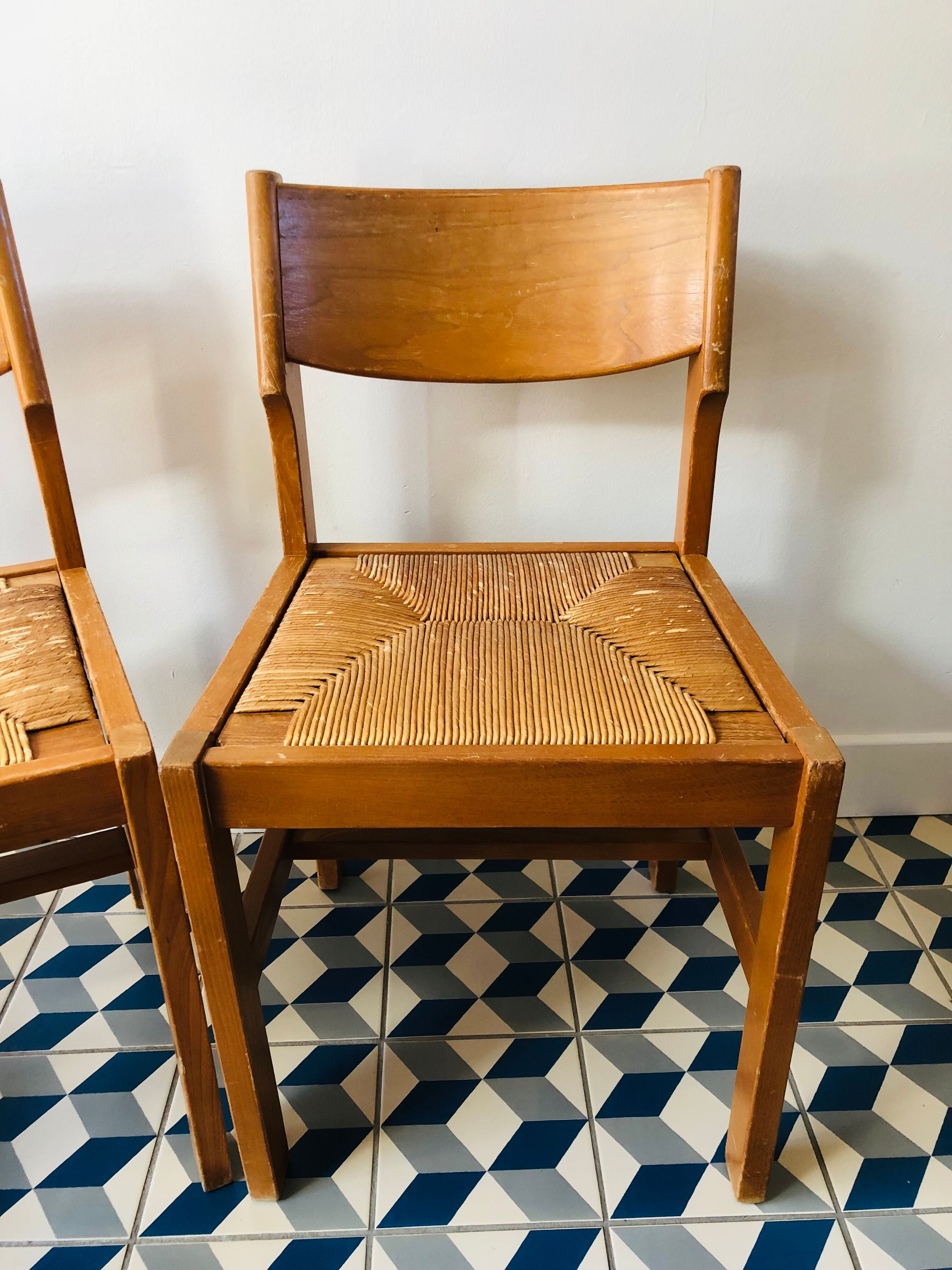 4 vintage pine chairs sitting straw