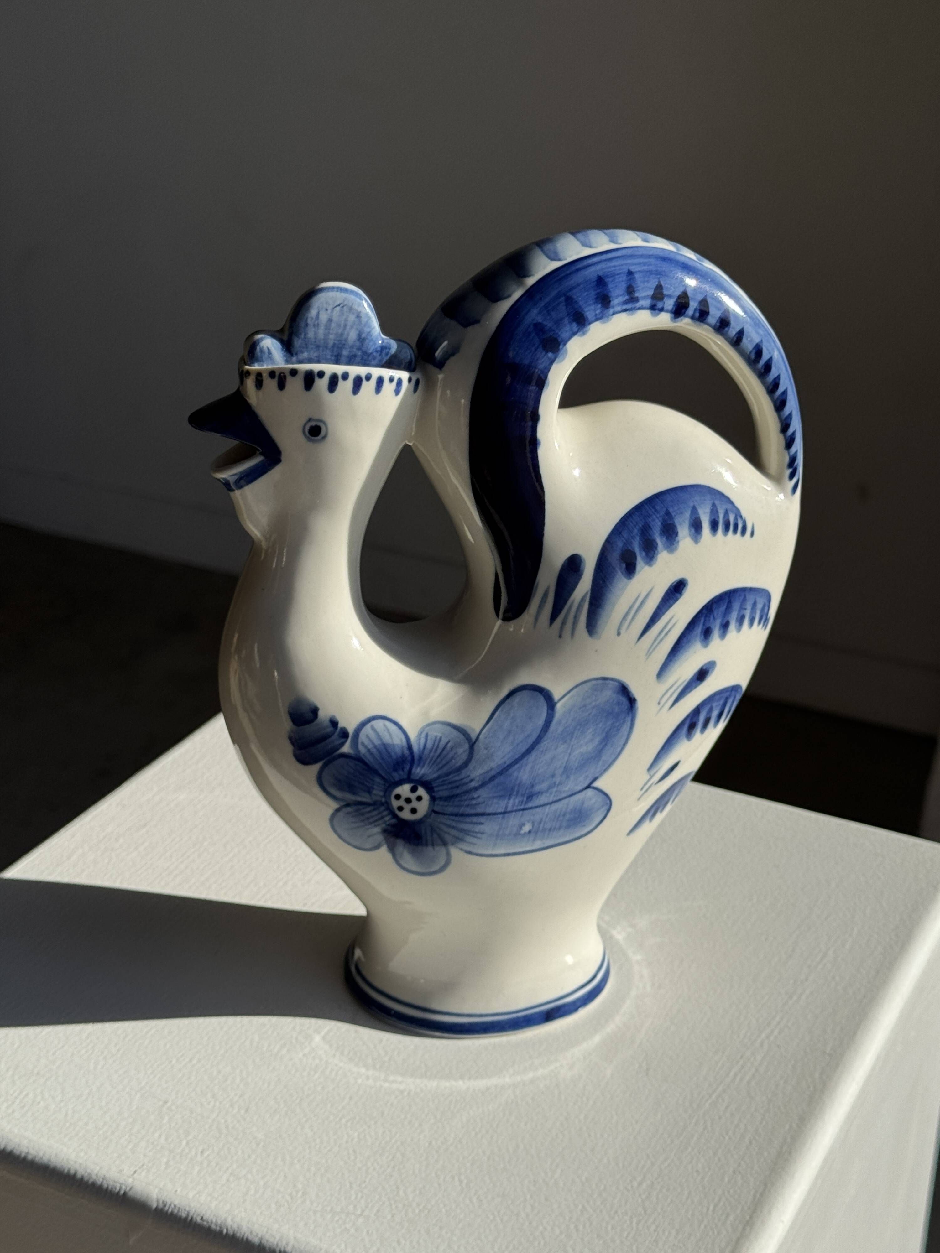 Vintage white ceramic carafe with blue Gjel-style decoration, USSR.