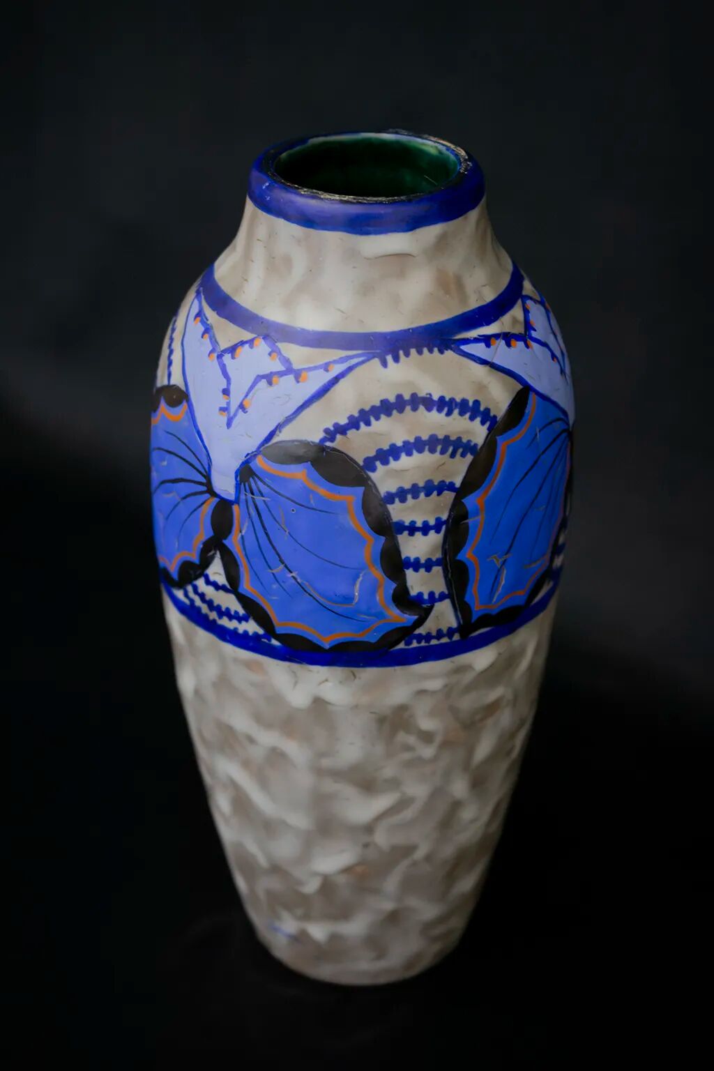 Vase Art déco en grès émaillé de Louis Dage, motifs papillon, circa 1930